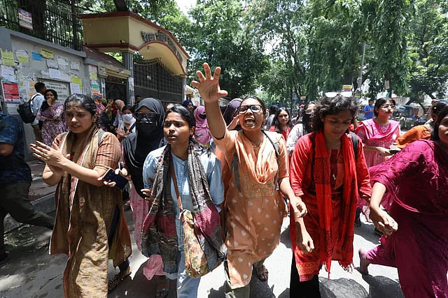 Students of Eden Mohila College demonstrate demanding quota reform.